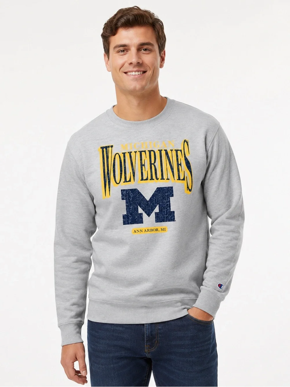 Champion Gray Crewneck Sweatshirt with Yellow & Navy Collegiate Print